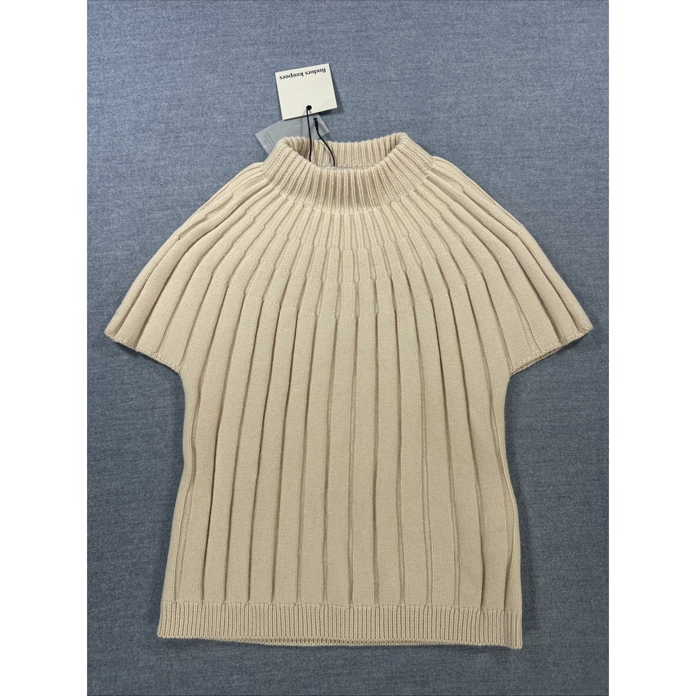 Finders Keepers Vanilla Beige Ribbed Short Sleeve Knit Top Mock Turtleneck US 6